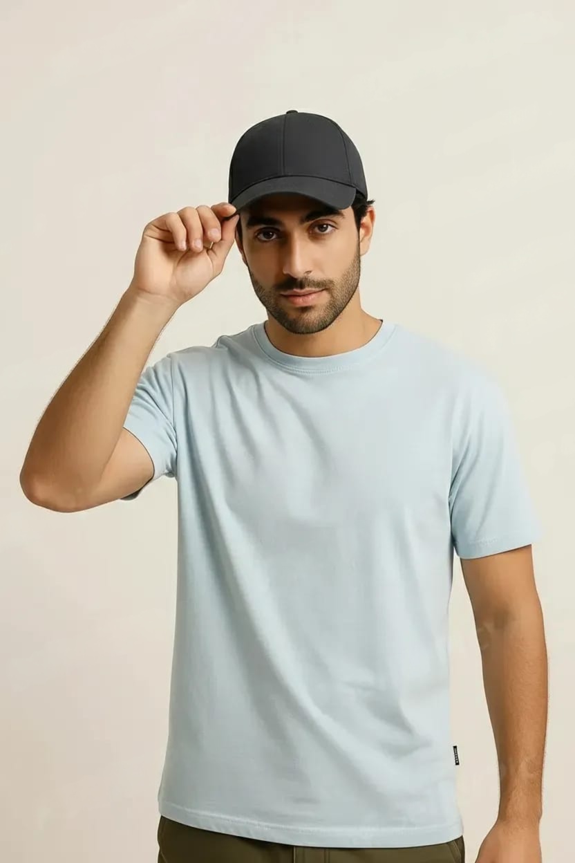 Men's Sky White Regular Fit Cotton T-Shirt | Premium Round Neck Light Blue Summer Tee