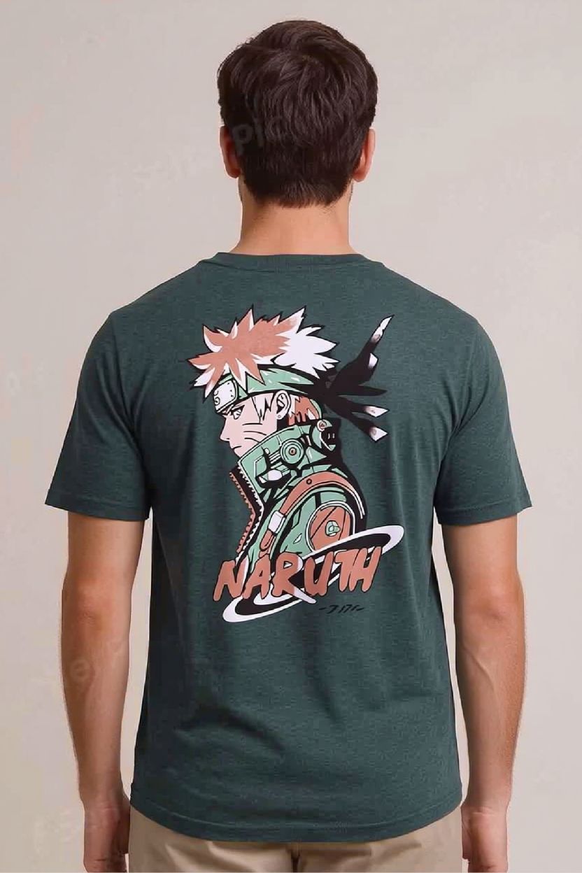 MEN OVERSIZED COTTON NARUTO ANIME PRINT ROUND NECK BOTTLE GREEN TSHIRT