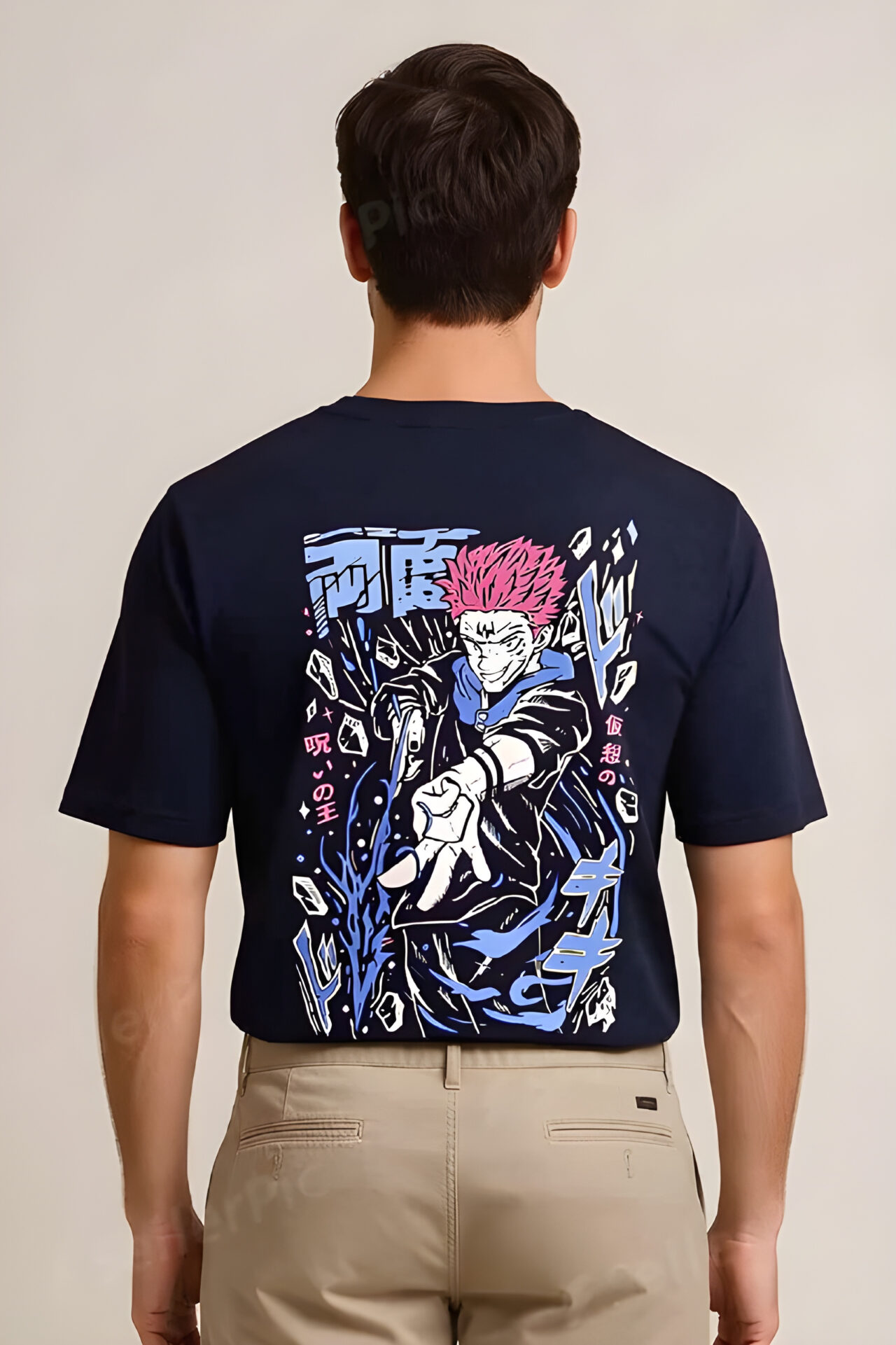 Men Navy Blue Anime Graphic T-Shirt Sukuna Back Print 100% Cotton Oversized Streetwear Tee